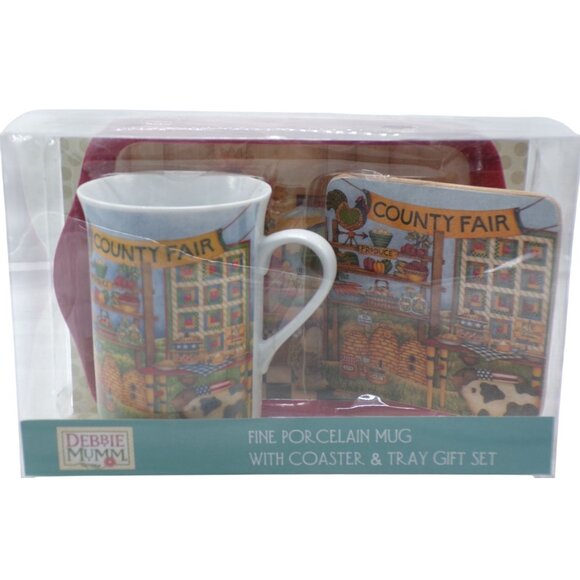 Debbie Mumm COUNTY FAIR Fine Porcelain Mug With Coaster & Tray Gift Set NIB - Picture 5 of 6